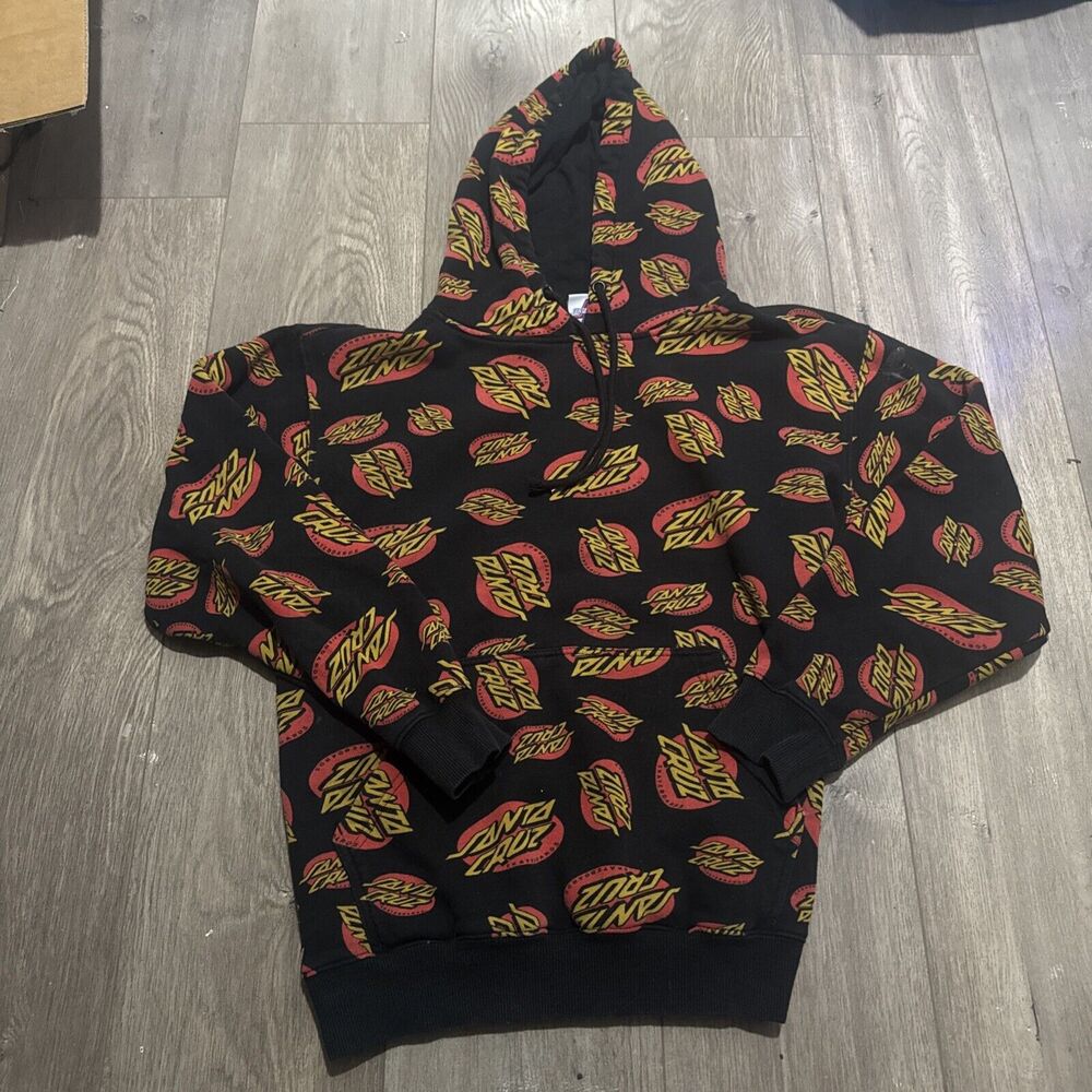 Santa Cruz Skateboards Hoodie Men's Small Black Multi-Color Logo All Over Print